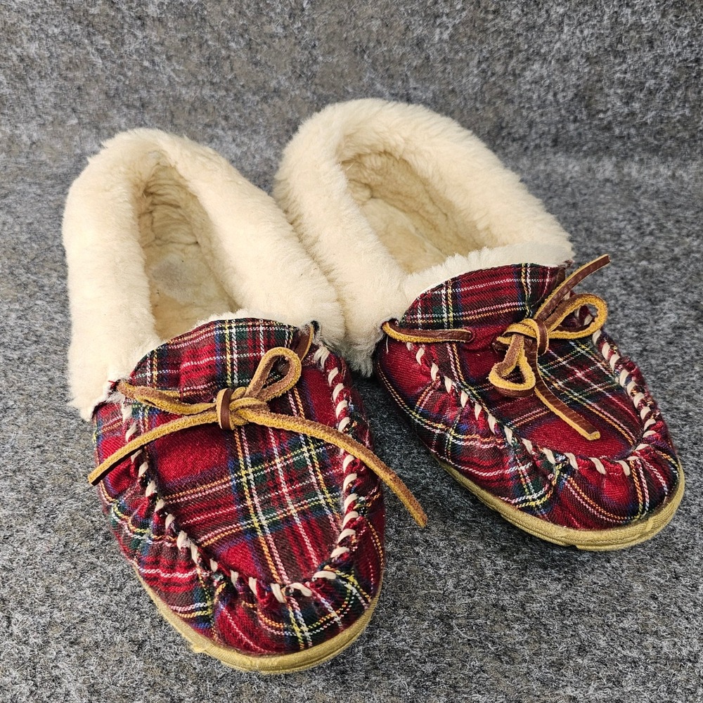 LL Bean Women's Wicked Good Plaid & Shearling Moccasin Slipper, Red Ivory, 8 M